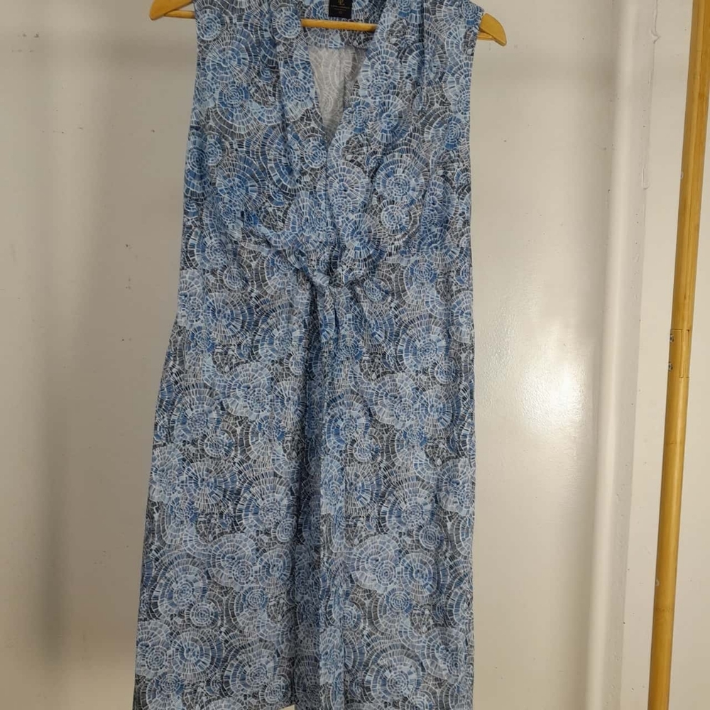DAVID LAWRENCE Blue Cotton Printed Tie Front Sleeveless Midi Dress - Picture 13 of 14